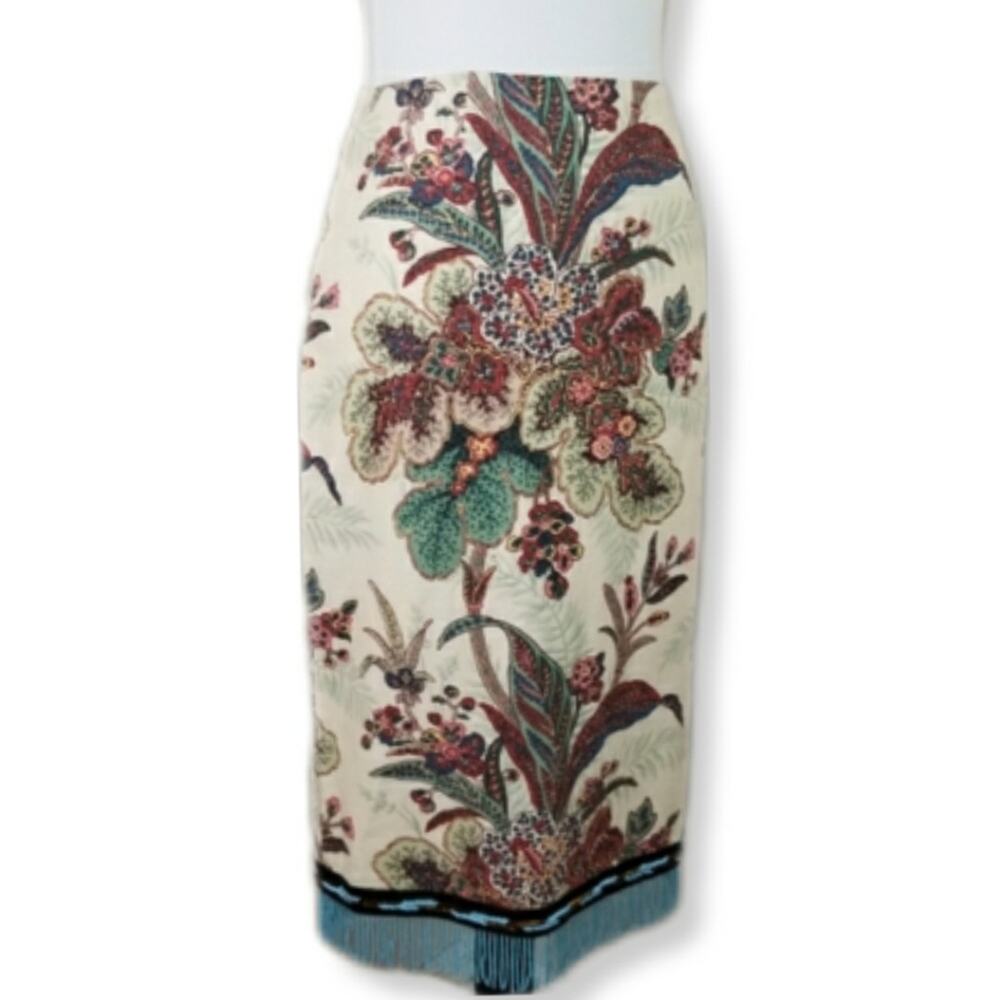 Vtg 80s Cream Wallpaper Floral Bead Hem Midi Skirt M USA Country Western Cowgirl